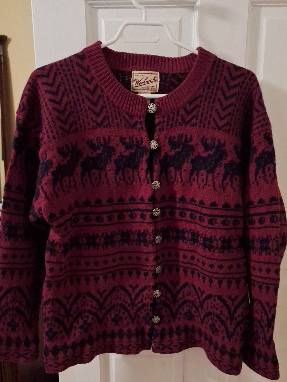 Woolrich Burgundy and Black Moose Fair Isle Cardigan - 100% Shetland Wool
